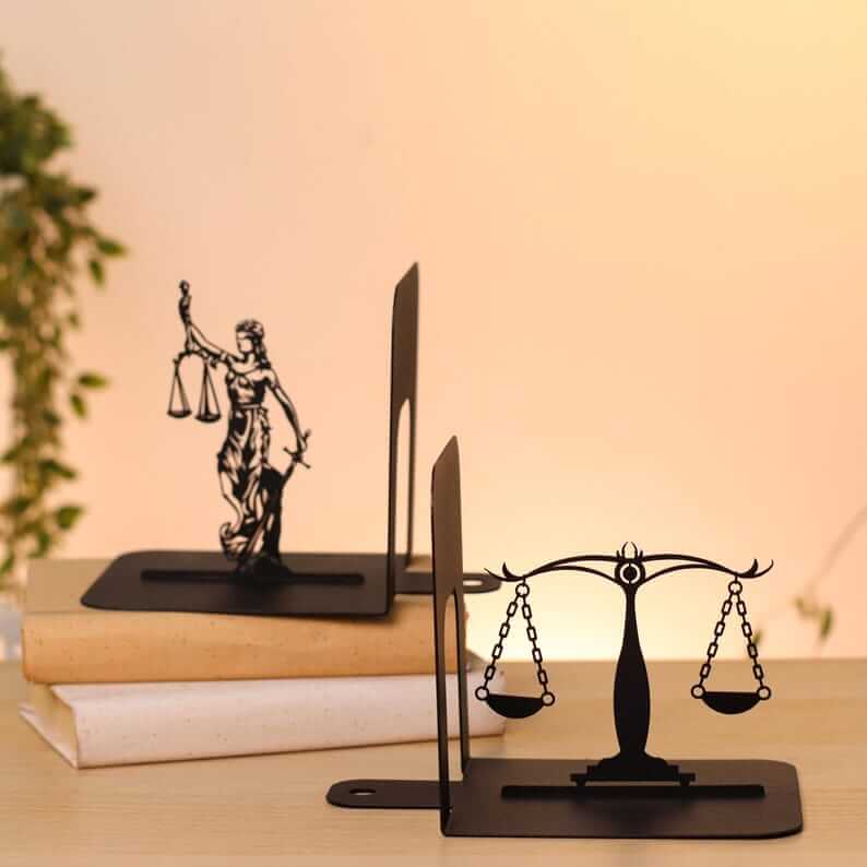 Lady Justice and Scales Metal Bookends Set Powder Coated Steel - Metaloslav 