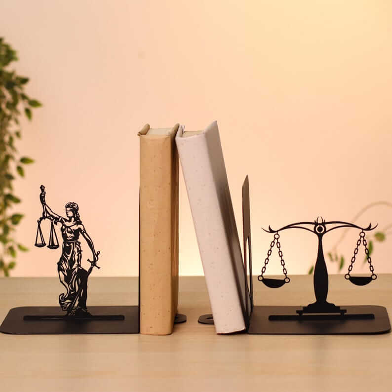Lady Justice and Scales Metal Bookends Set Powder Coated Steel - Metaloslav 