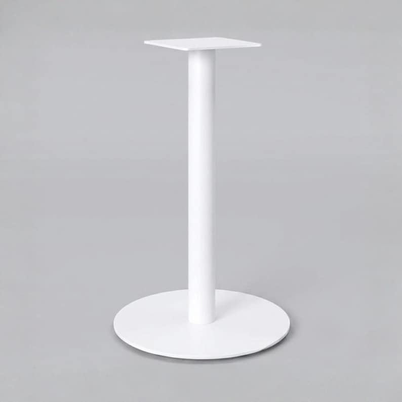 Round metal pedestal table base with cylindrical steel column, circular bottom plate and square top mounting plate