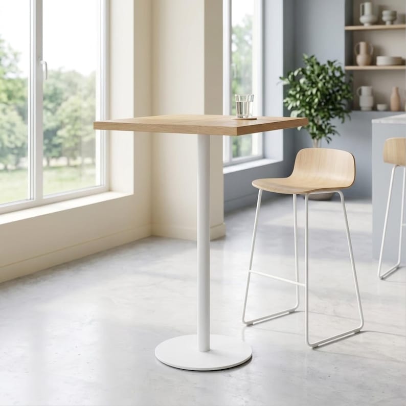 Round metal pedestal table base with cylindrical steel column, circular bottom plate and square top mounting plate