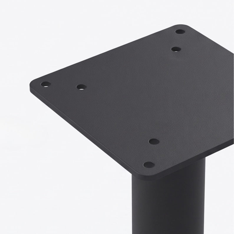 Round metal pedestal table base with cylindrical steel column, circular bottom plate and square top mounting plate