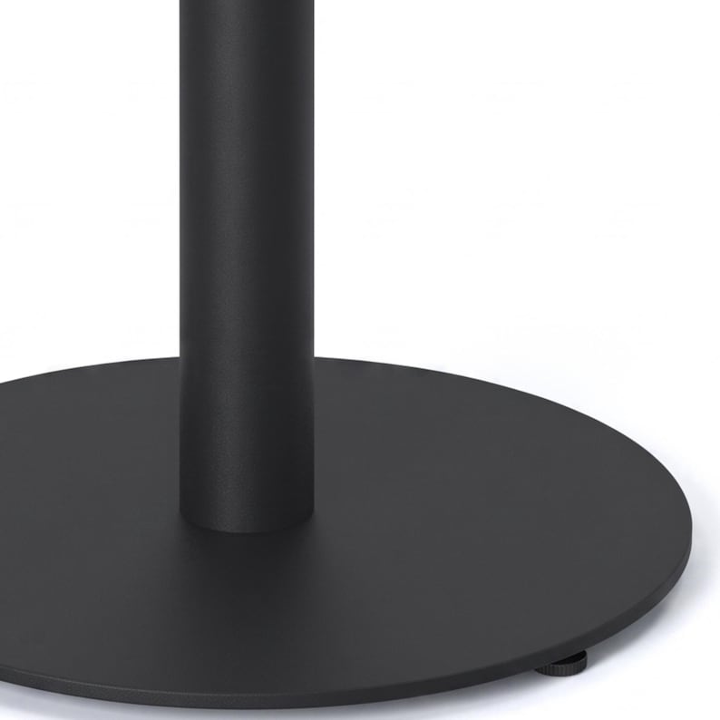 Round metal pedestal table base with cylindrical steel column, circular bottom plate and square top mounting plate