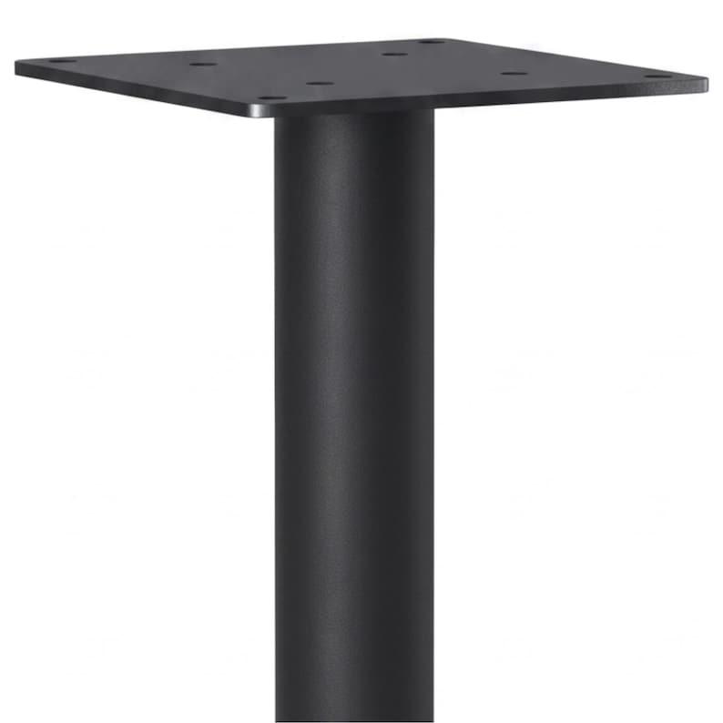 Round metal pedestal table base with cylindrical steel column, circular bottom plate and square top mounting plate