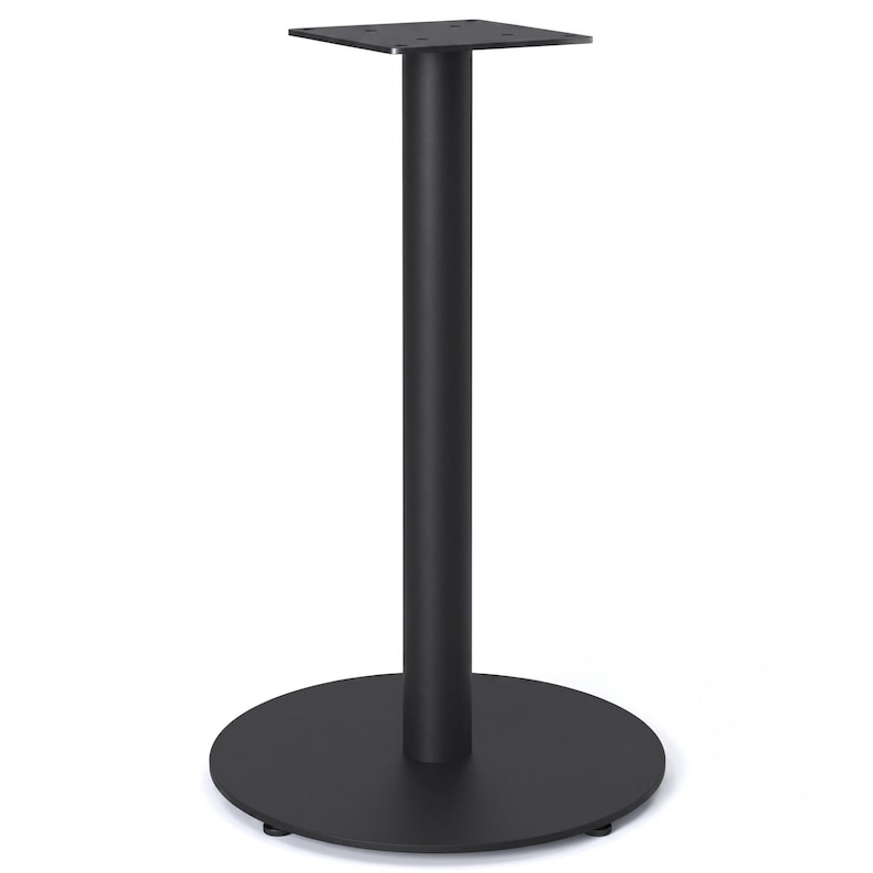 Round metal pedestal table base with cylindrical steel column, circular bottom plate and square top mounting plate