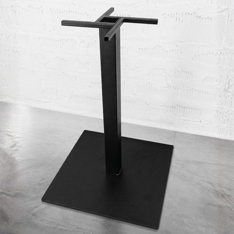 Black industrial metal pedestal table base with square bottom plate, rectangular steel column and cross-shaped top support
