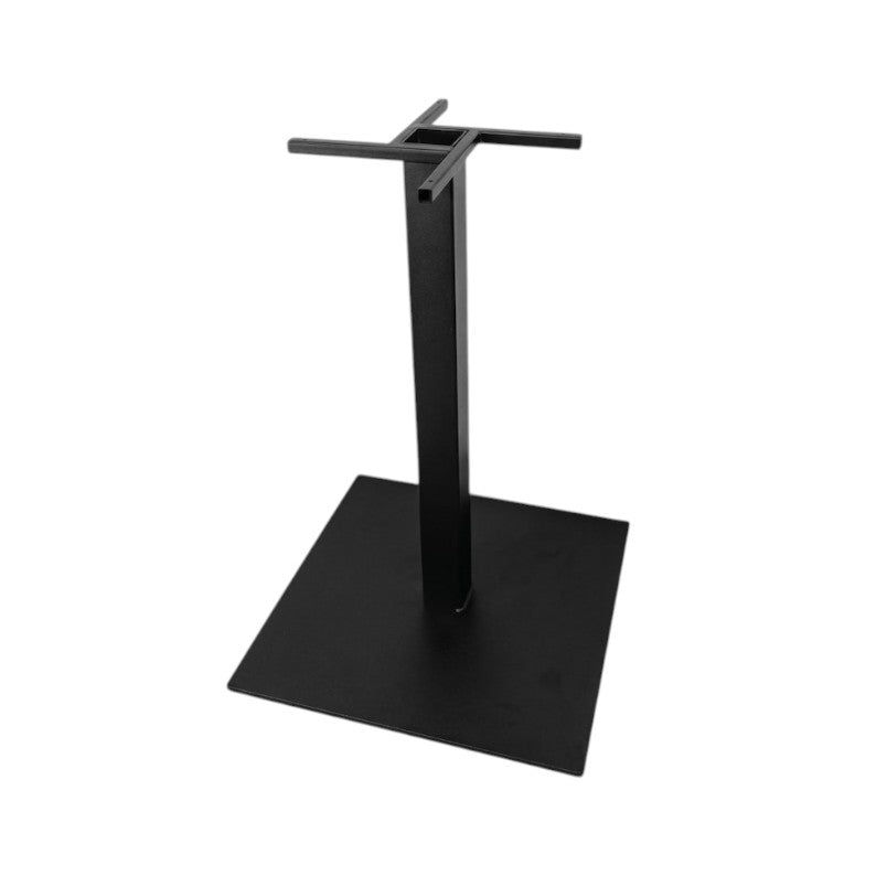 A black metal table stand with a square base and a central vertical post topped with a cross-shaped support frame, shown on a plain white background.