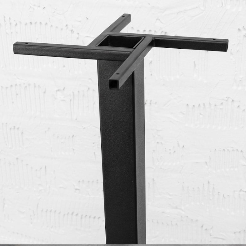 Black industrial metal pedestal table base with square bottom plate, rectangular steel column and cross-shaped top support