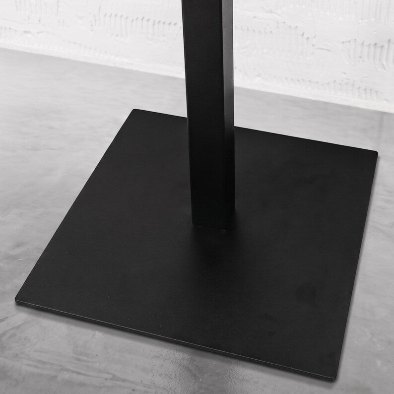 Black industrial metal pedestal table base with square bottom plate, rectangular steel column and cross-shaped top support