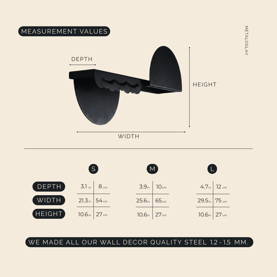 Curved Metal Wall Shelf with Hooks and Floating Design - Metaloslav 