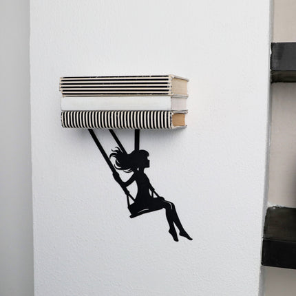Metal Floating Shelf Girl on Swing Silhouette with Minimalist Hanging Design