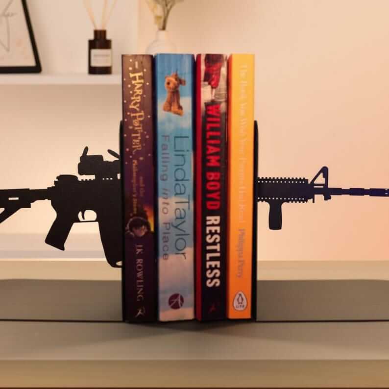 AR15 Rifle Silhouette Metal Bookends Set Powder Coated Steel - Metaloslav 