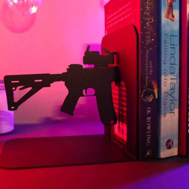 AR15 Rifle Silhouette Metal Bookends Set Powder Coated Steel - Metaloslav 