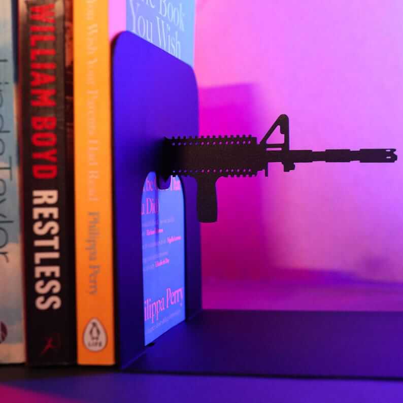 AR15 Rifle Silhouette Metal Bookends Set Powder Coated Steel - Metaloslav 