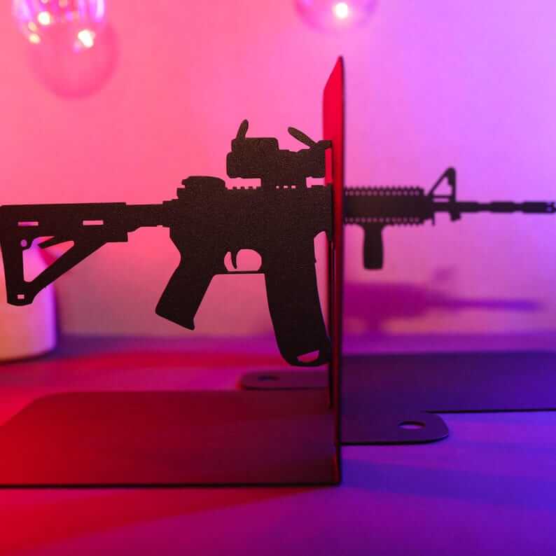 AR15 Rifle Silhouette Metal Bookends Set Powder Coated Steel - Metaloslav 