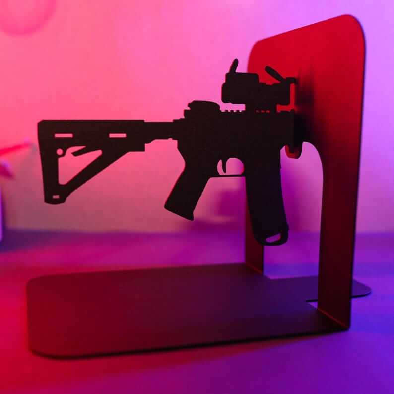 AR15 Rifle Silhouette Metal Bookends Set Powder Coated Steel - Metaloslav 