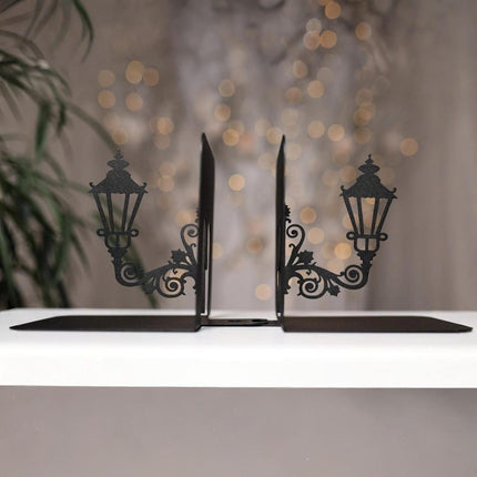Metal Bookends Pair with Street Lamp Silhouette Decorative Design