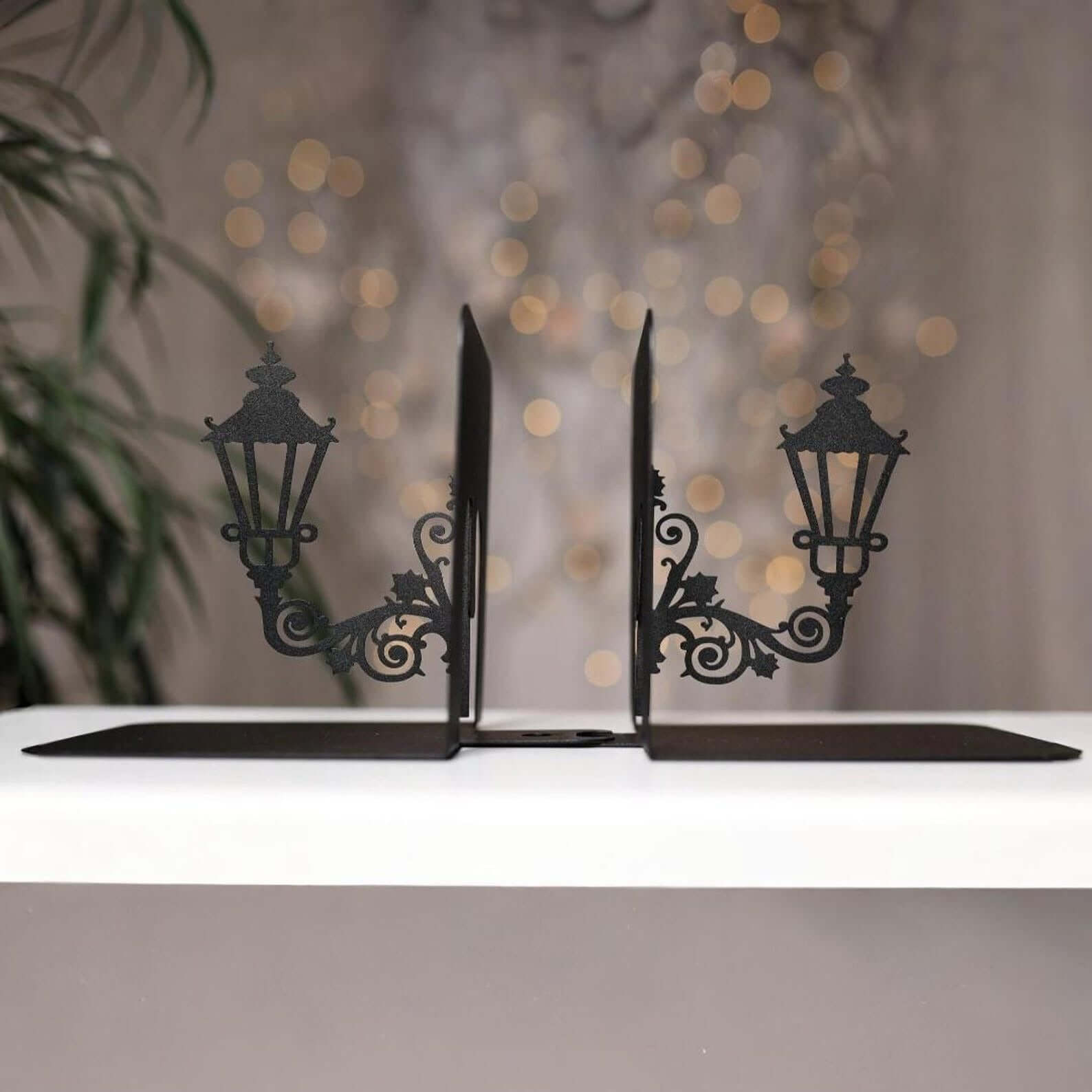 Metal Bookends Pair with Street Lamp Silhouette Decorative Design - Metaloslav 