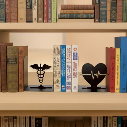 Heart Pulse and Caduceus Metal Bookends in Powder-Coated Steel - Metaloslav 