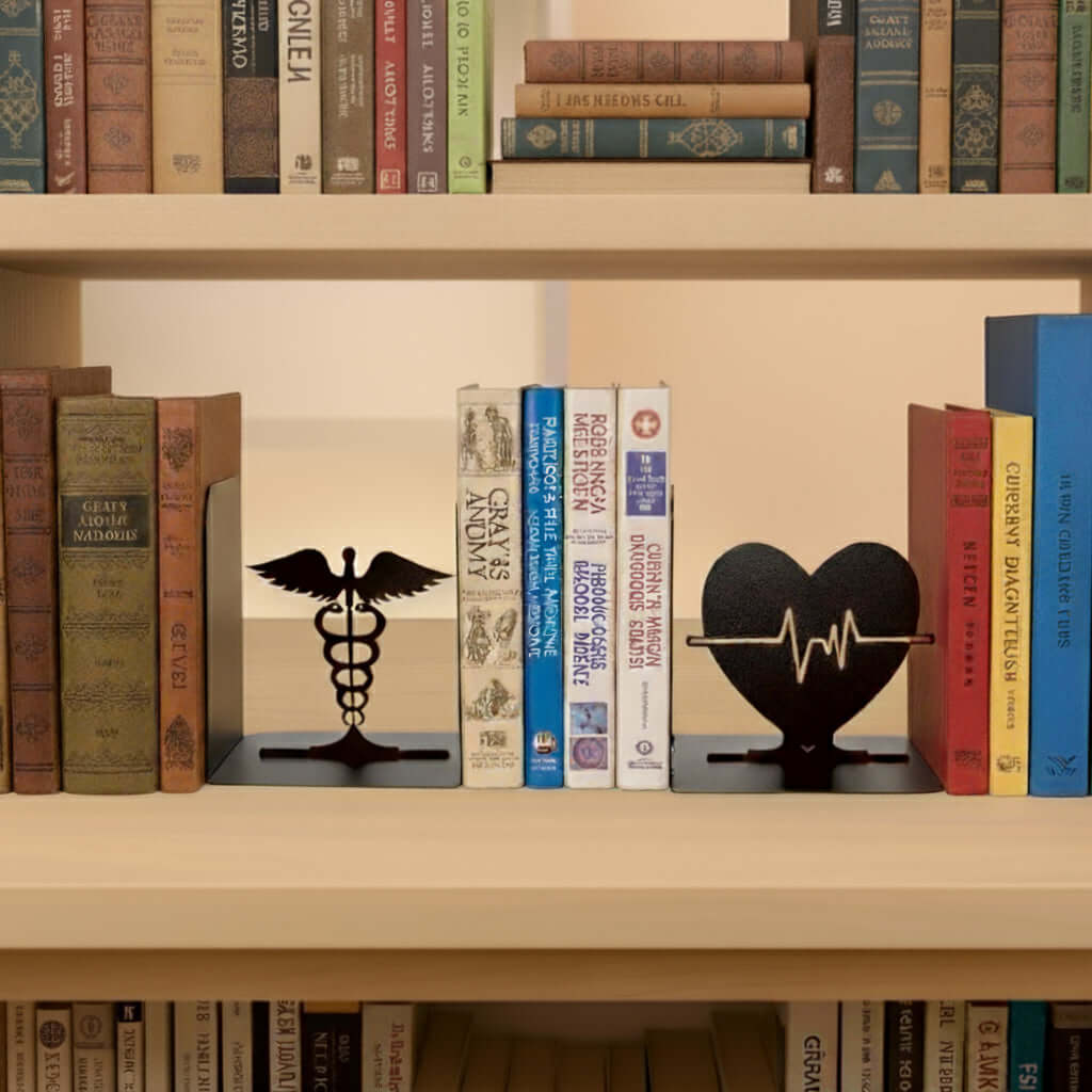 Heart Pulse and Caduceus Metal Bookends in Powder-Coated Steel - Metaloslav 