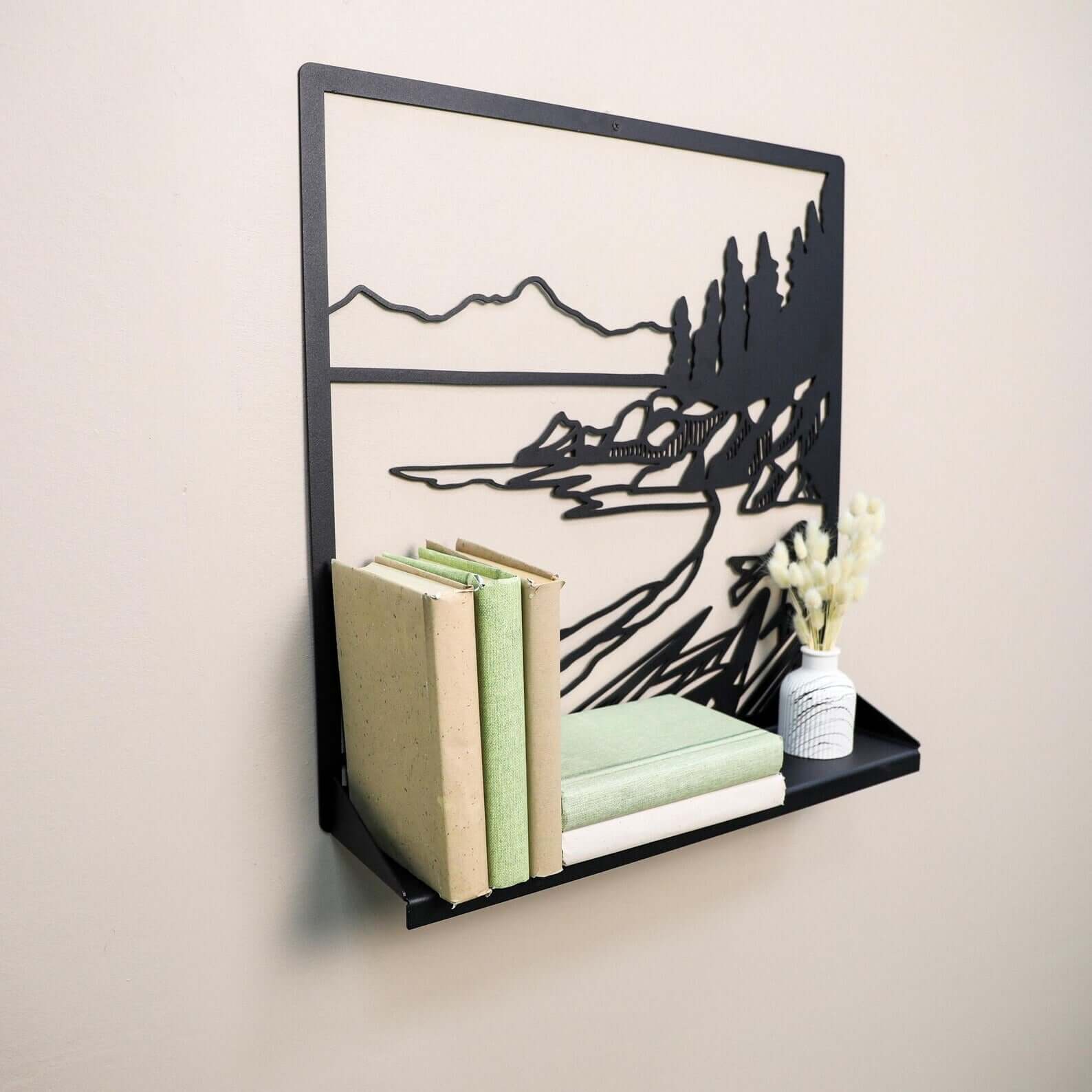 Metal Landscape Wall Shelf with Cutout Design for Books and Decor - Metaloslav 