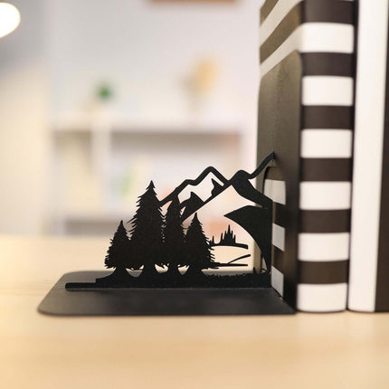 Metal Bookends Pair with Mountain and Forest Landscape Silhouette - Metaloslav 