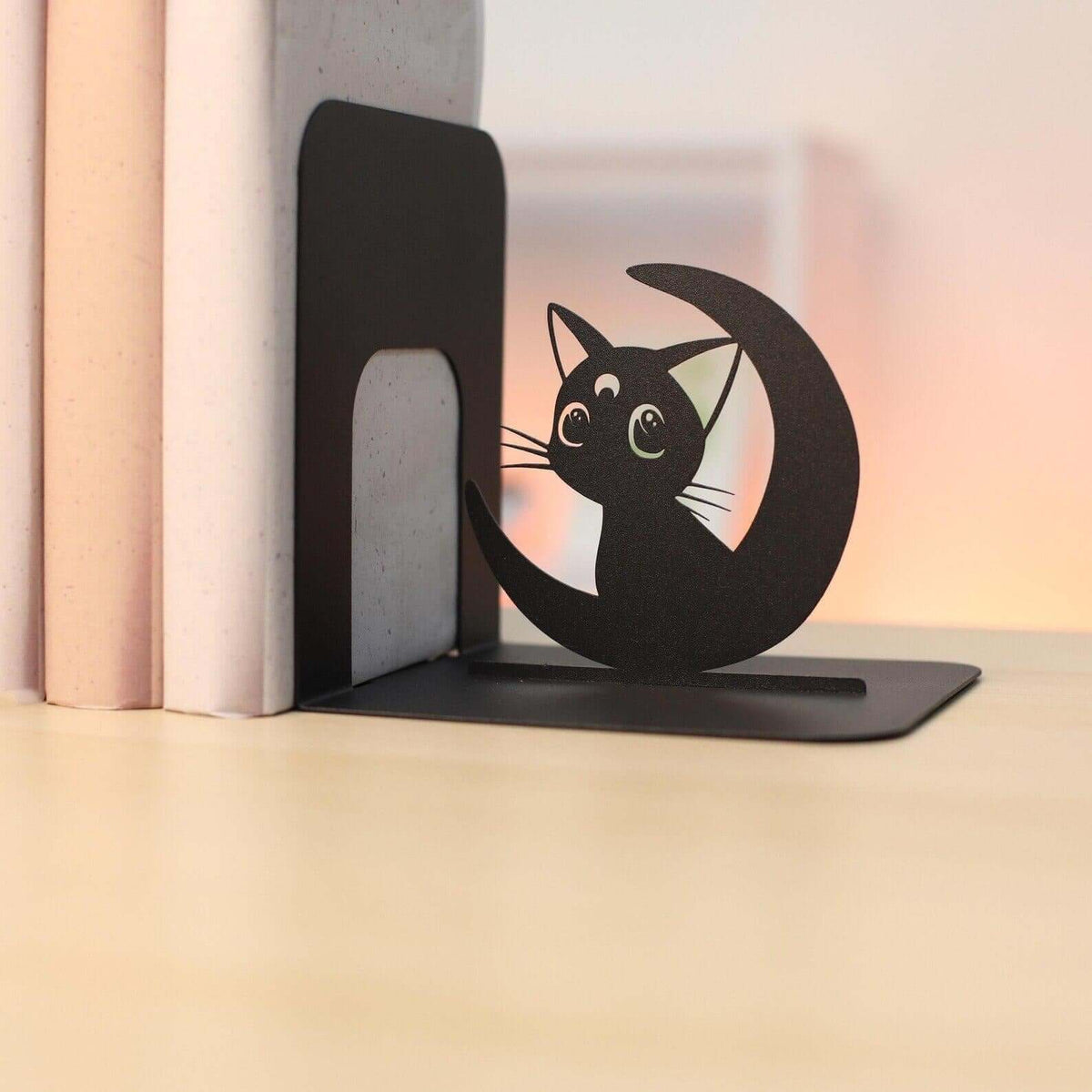 Metal Bookends Pair with Anime Girl and Cat Silhouette Design - Metaloslav 