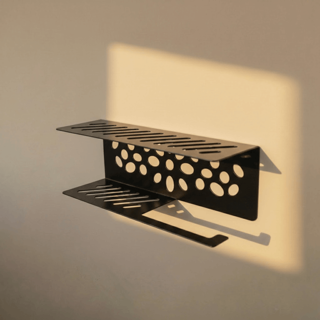 Metal Toilet Paper Holder with Shelf and Cut-Out Pattern - Metaloslav 