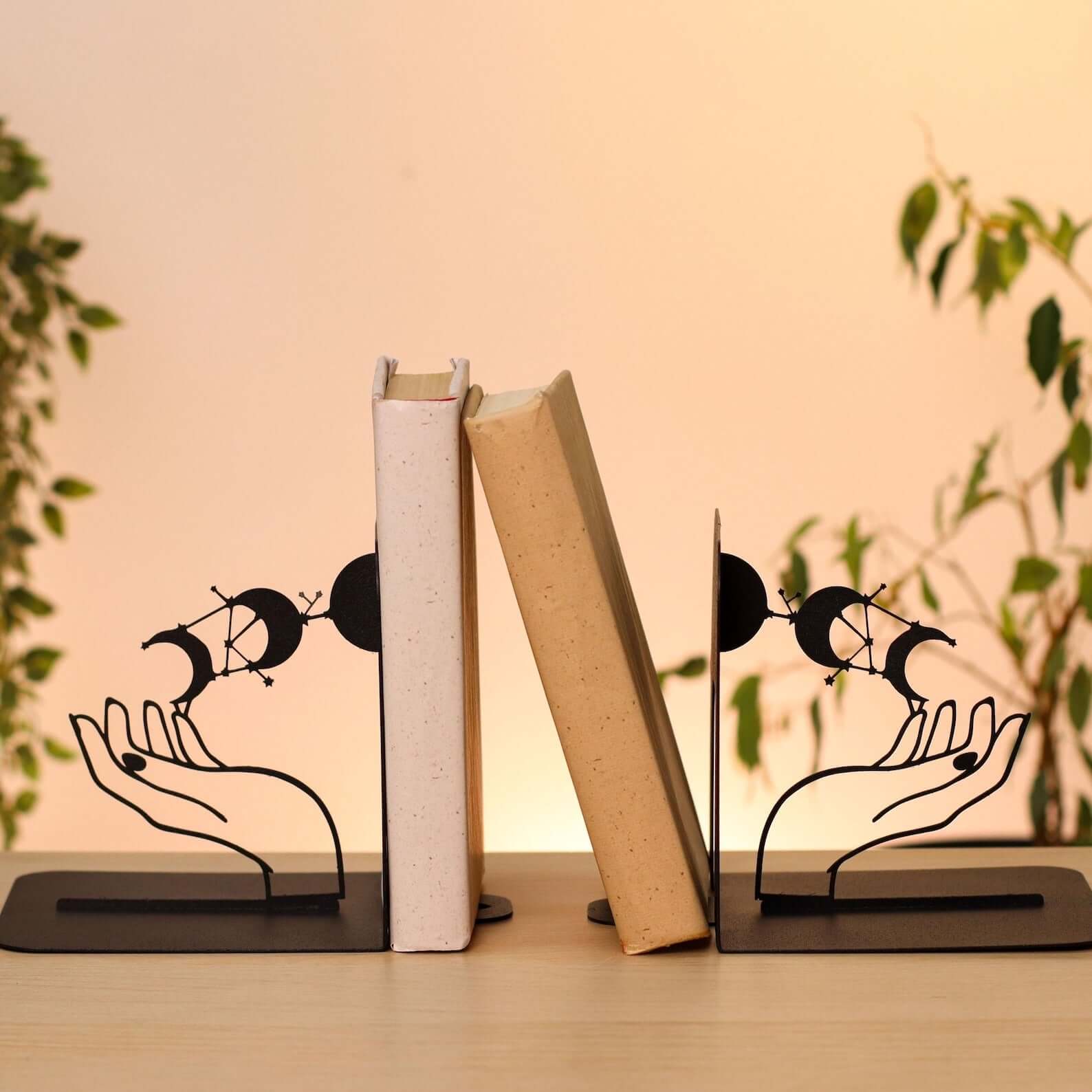 Metal Bookends Pair with Moon Phase and Hands Celestial Design - Metaloslav 