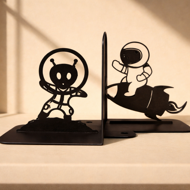 Metal Astronaut and UFO Bookends in Powder-Coated Steel - Metaloslav 