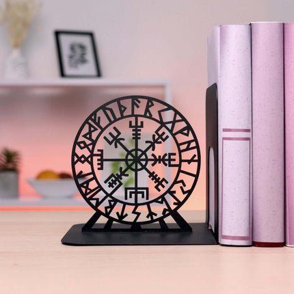 Metal Bookends Pair with Viking Drakkar Ship and Vegvisir Symbol - Metaloslav 