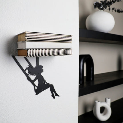 Metal Floating Shelf Girl on Swing Silhouette with Minimalist Hanging Design
