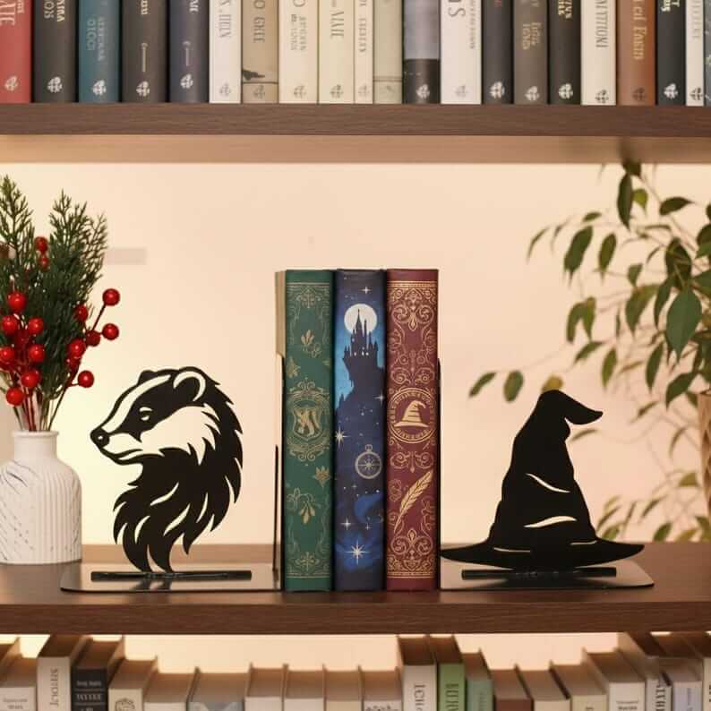 Wizard Hat and Badger Metal Bookends Set Steel Shelf Holders - Metaloslav 