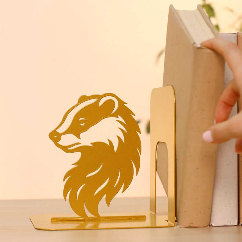 Wizard Hat and Badger Metal Bookends Set Steel Shelf Holders - Metaloslav 
