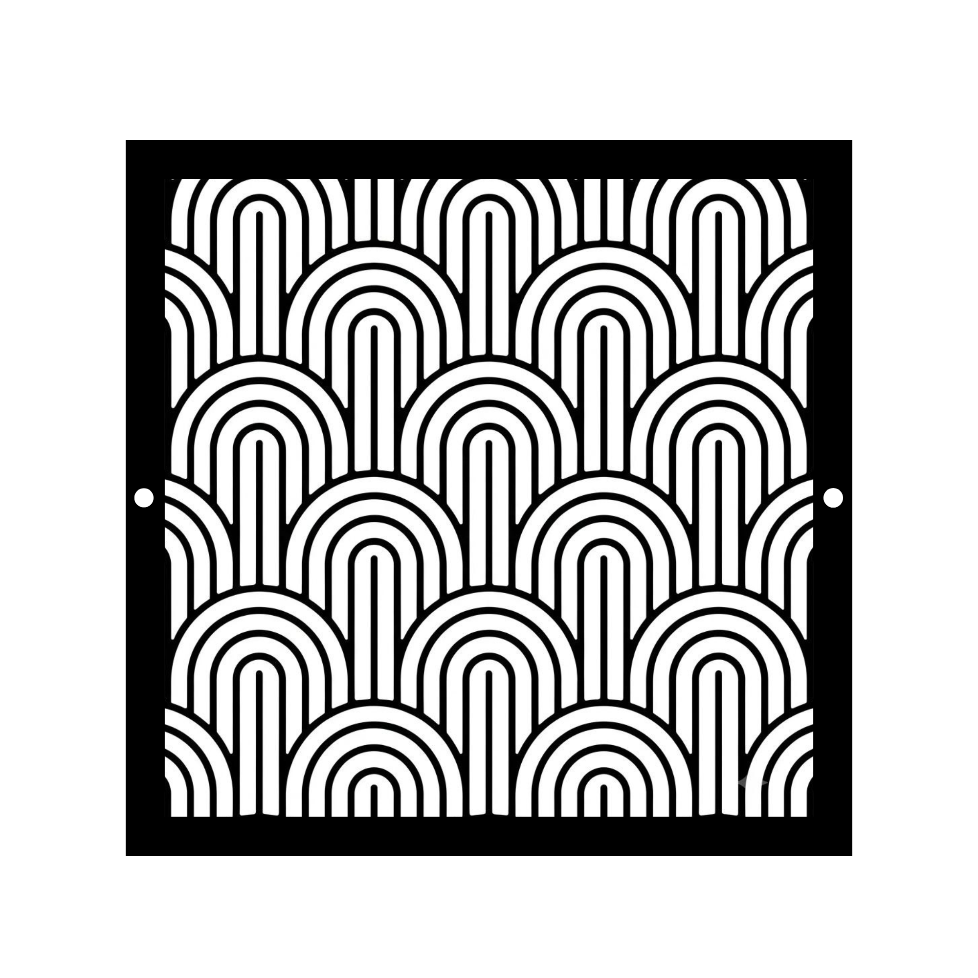 Art Deco metal vent cover with geometric arch pattern and custom laser-cut steel design