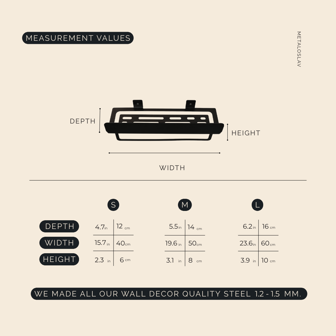 Measurement chart for wall shelf with dimensions and material information.