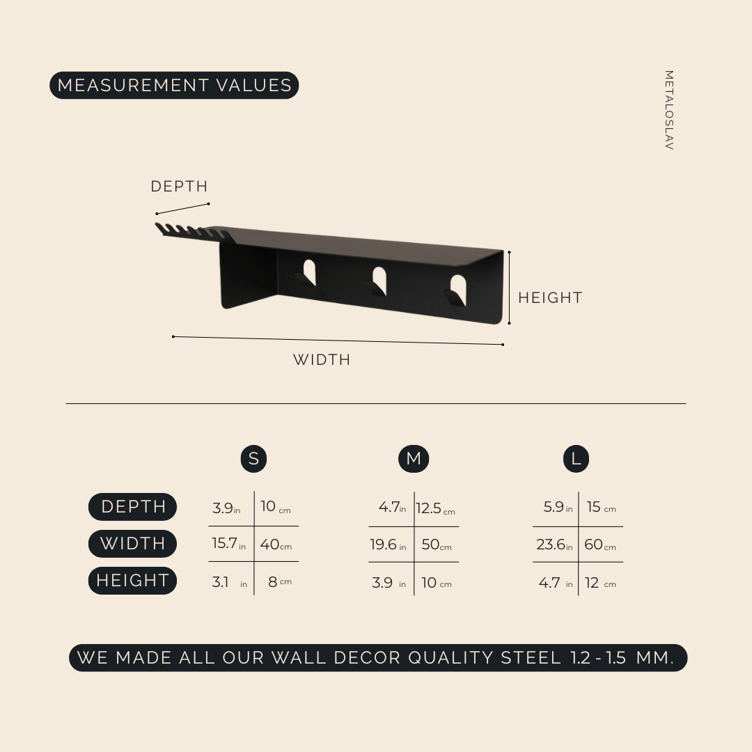 Measurement chart for a wall decor bracket with dimensions labeled.