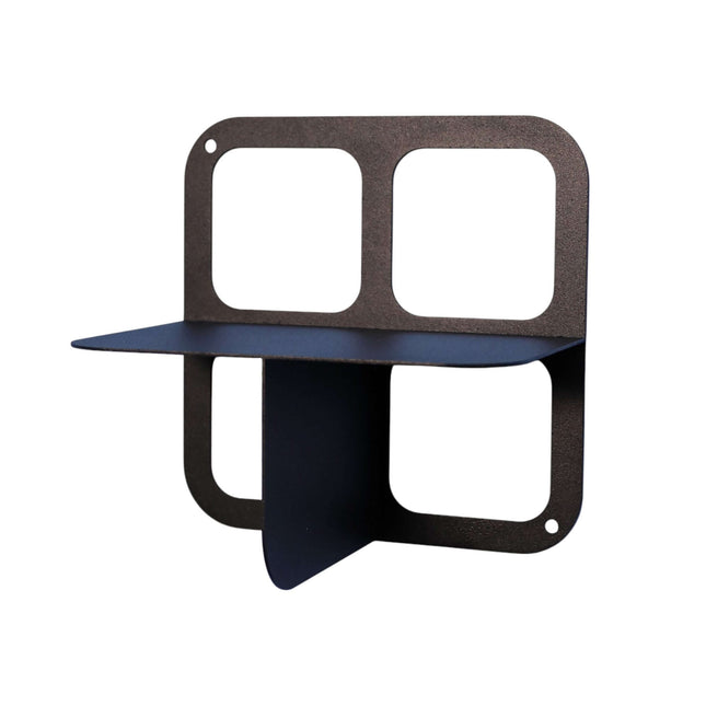 Wall-mounted shelf with a black back and black base on a white background