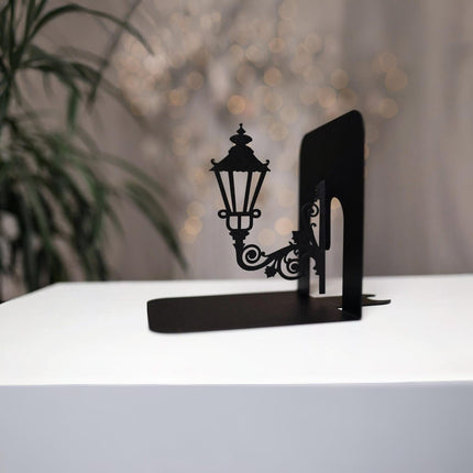 Metal Bookends Pair with Street Lamp Silhouette Decorative Design