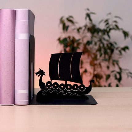 Metal Bookends Pair with Viking Drakkar Ship and Vegvisir Symbol - Metaloslav 