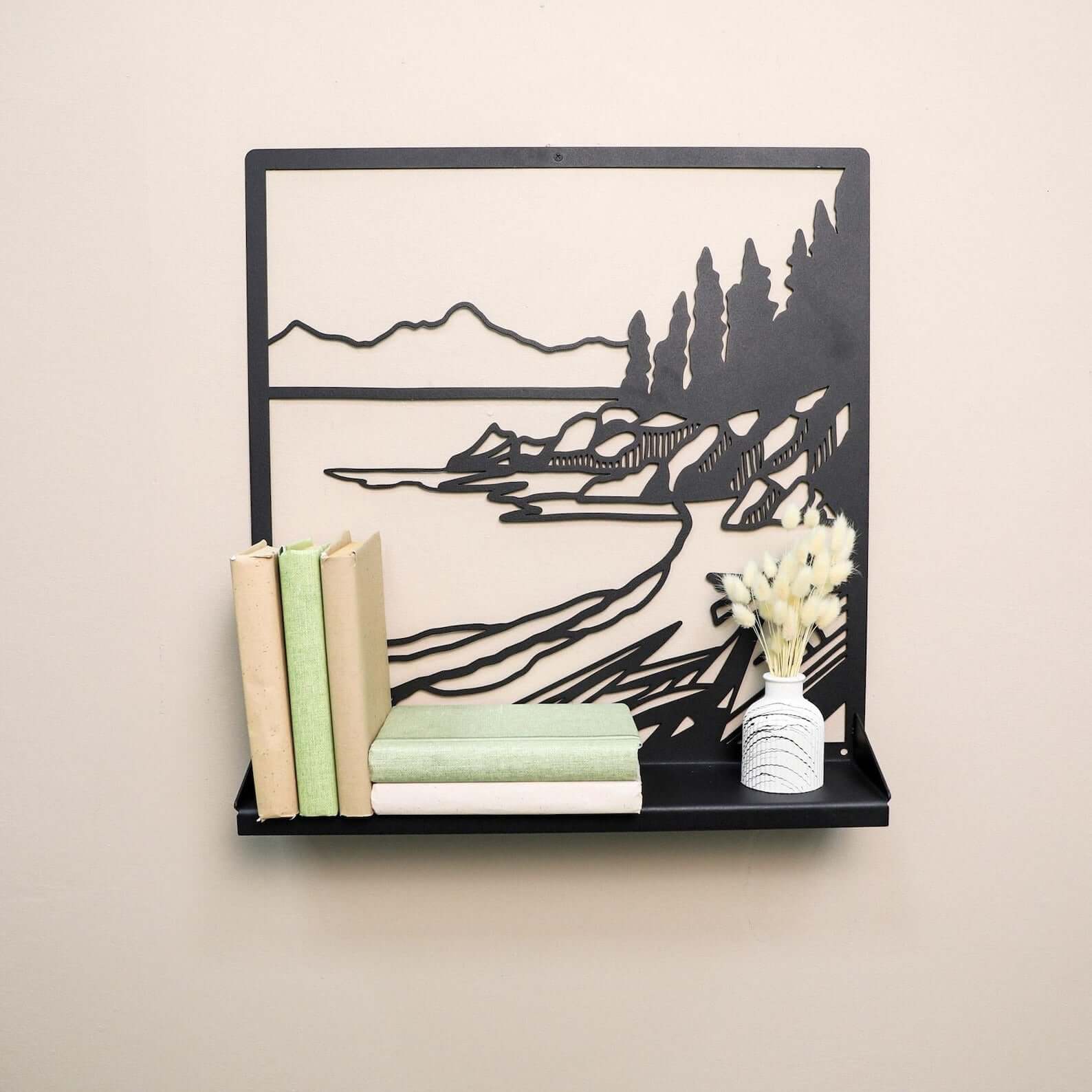 Metal Landscape Wall Shelf with Cutout Design for Books and Decor - Metaloslav 