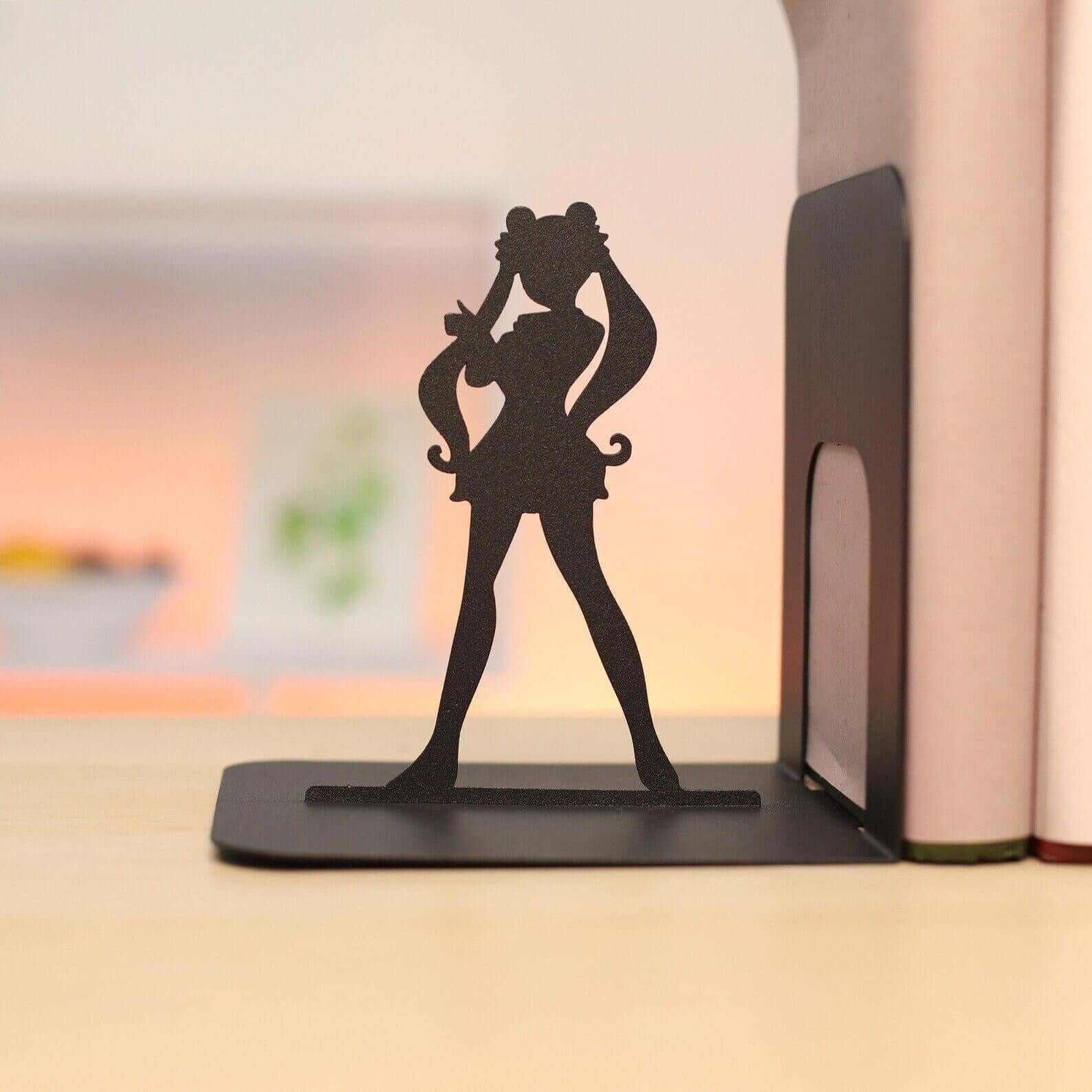 Metal Bookends Pair with Anime Girl and Cat Silhouette Design - Metaloslav 