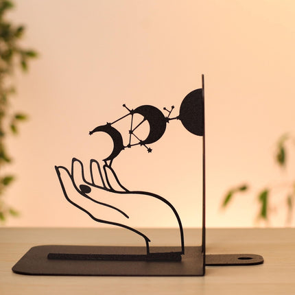 Metal Bookends Pair with Moon Phase and Hands Celestial Design