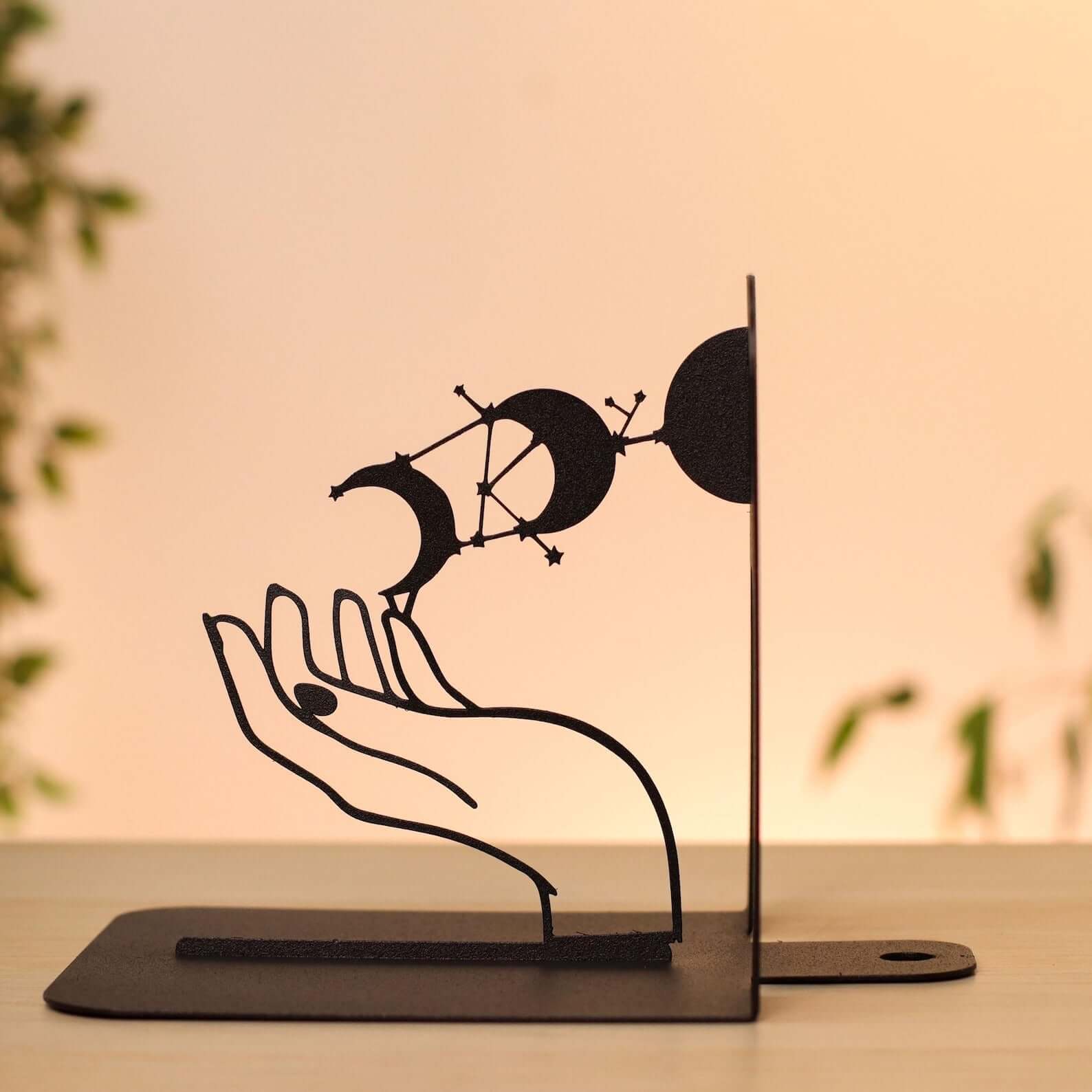 Metal Bookends Pair with Moon Phase and Hands Celestial Design - Metaloslav 