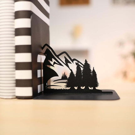 Metal Bookends Pair with Mountain and Forest Landscape Silhouette - Metaloslav 