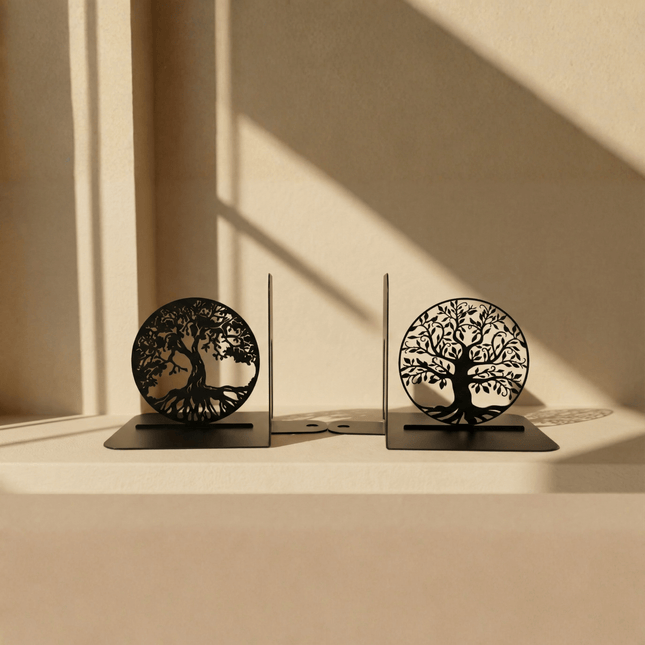 Metal Bookends with Tree of Life Design, Powder-Coated Steel - Metaloslav 