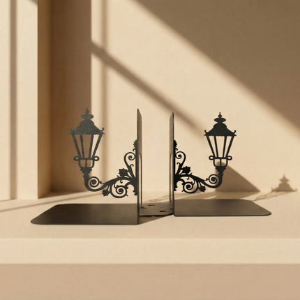 Metal Bookends Pair with Street Lamp Silhouette Decorative Design