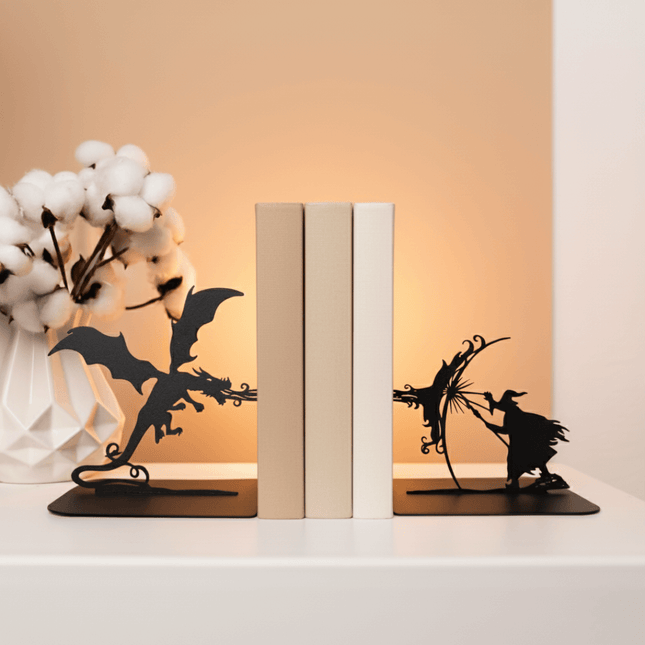 Metal Bookends – Dragon & Wizard Steel Holder Fantasy Shelf Decor