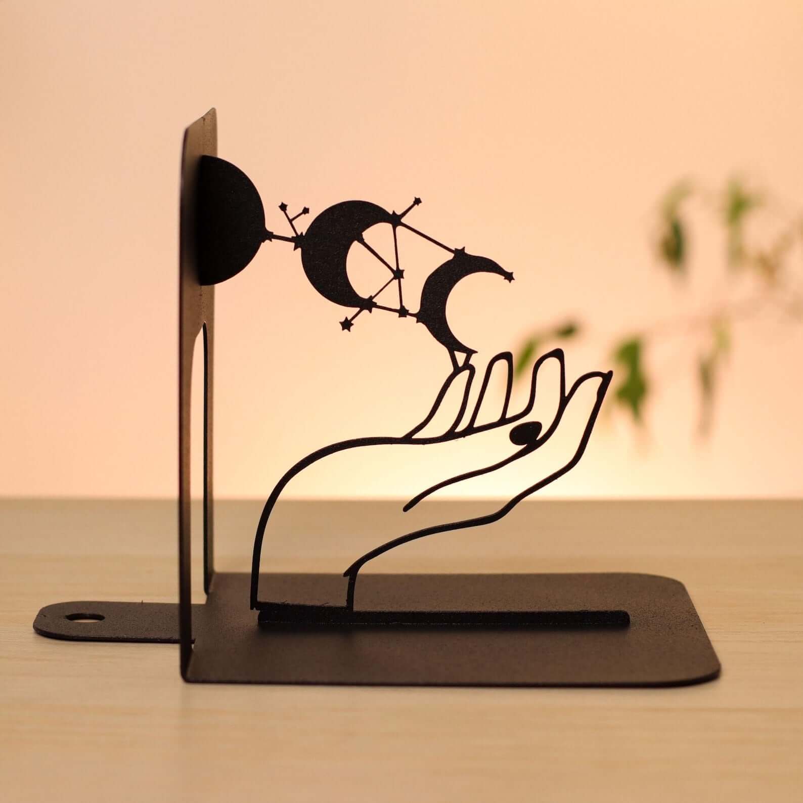 Metal Bookends Pair with Moon Phase and Hands Celestial Design - Metaloslav 