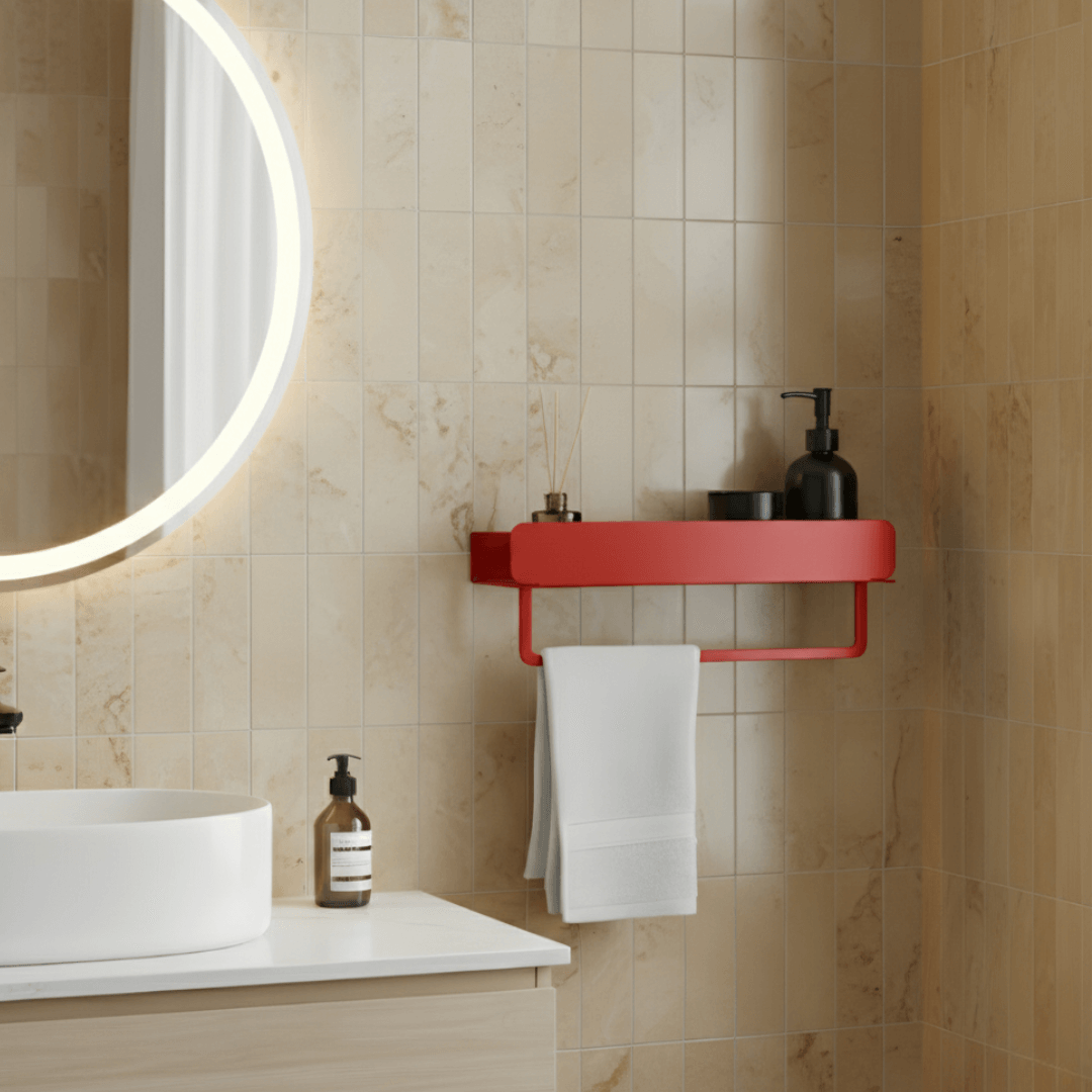 Bathroom setup with a red shelf, round mirror, and tiled wall.