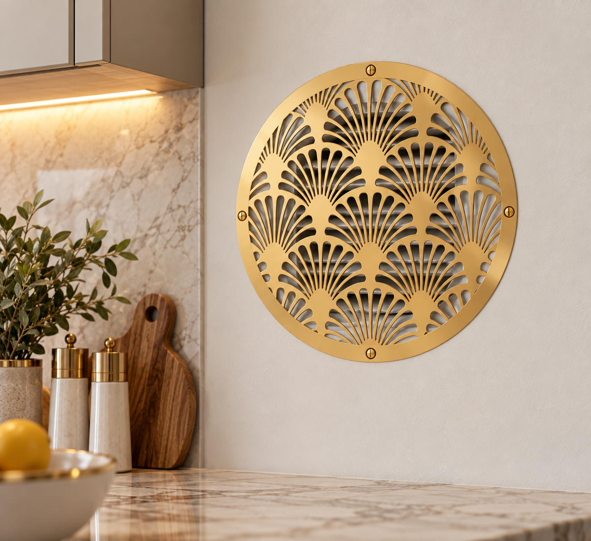 Round Art Deco metal vent cover with decorative fan pattern